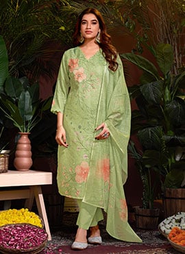 Green Floral Digital Print Hand Work Schiffli Kurta Straight Pant Suit