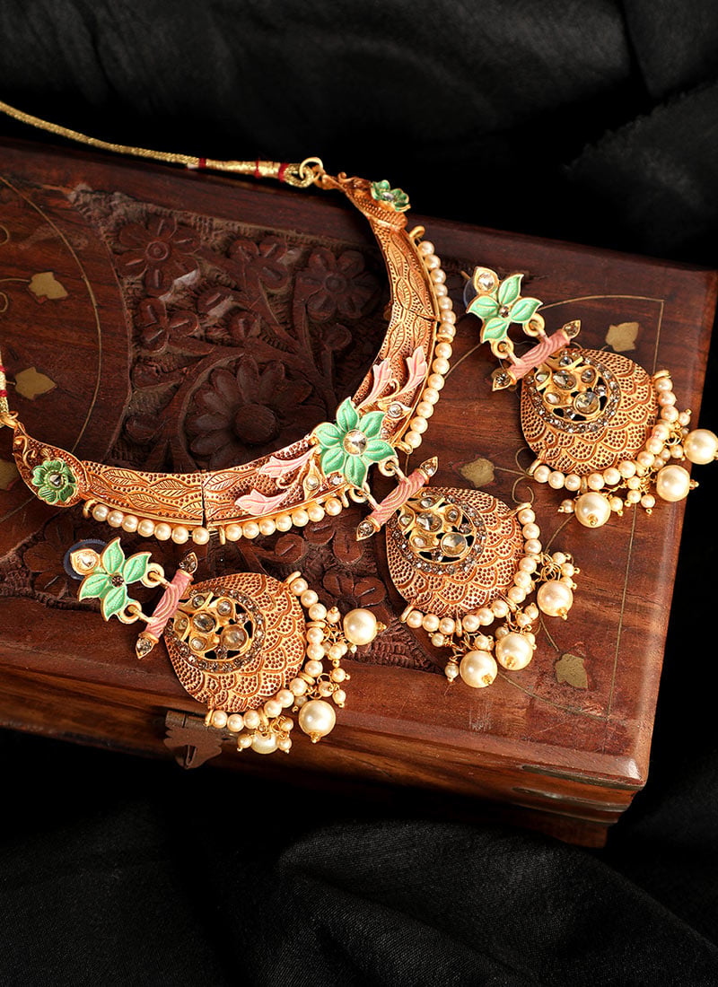 Green Floral Kundan Pearl Drop Gold Plated Classic Necklace Set