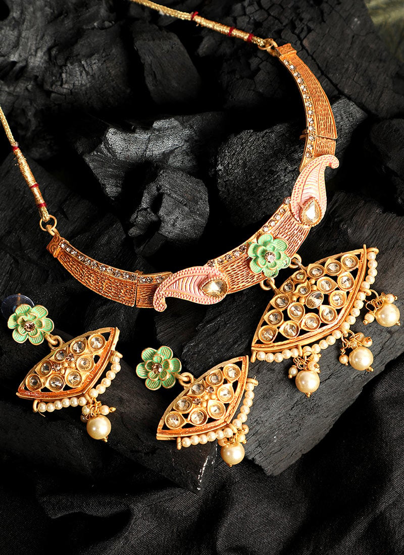 Green Floral Kundan Pearl Drop Gold Plated Elegant Necklace Set