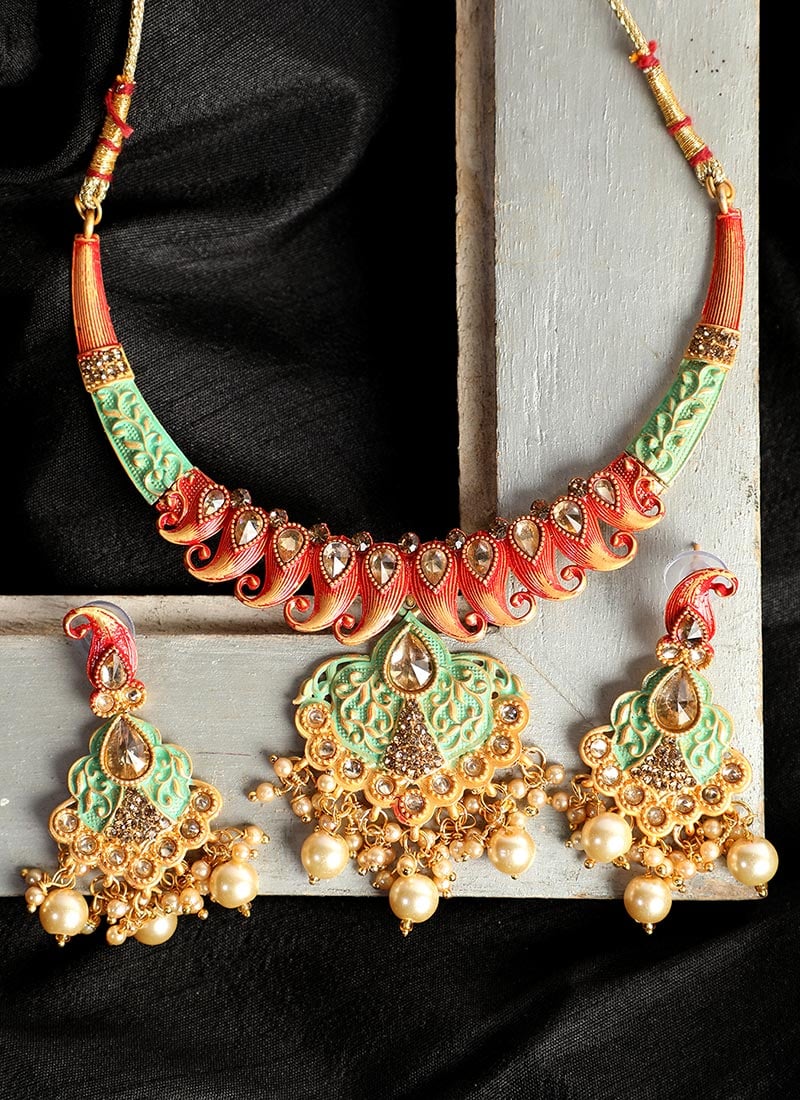 Green Floral Kundan Pearl Drop Gold Plated Regal Necklace Set