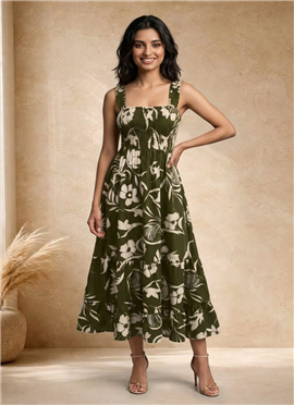 Green Floral Printed Cotton Smocked Tiered  Dress