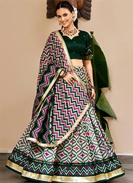 Green Foil Print Silk Umbrella Lehenga