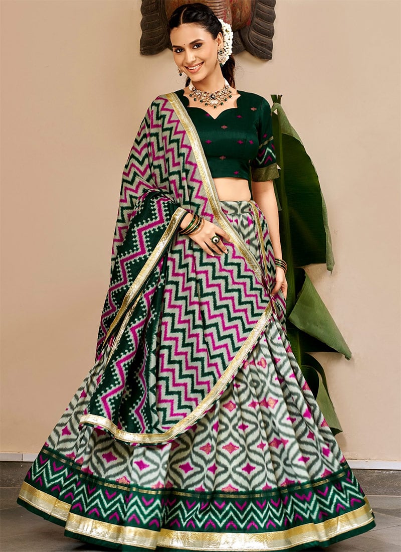 Green Foil Print Silk Umbrella Lehenga Festive Wear