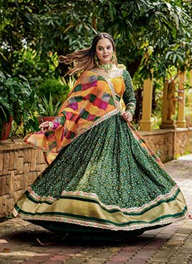 Green Gaji Silk Bandhini Print Sequins Zari Embroidered Lehenga