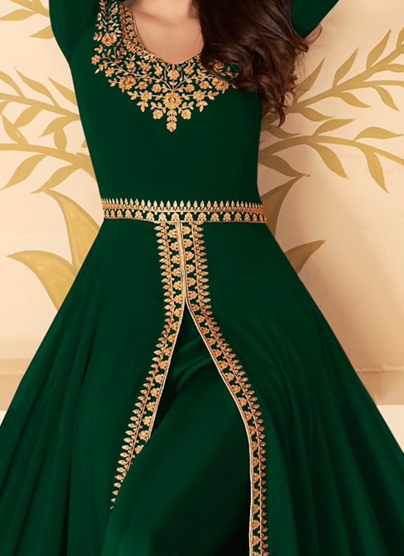 Olive Green Georgette Anarkali Suit With Shrug For Indian & Pakistani Wedding Festival - Mirror With Thread & Sequence Work