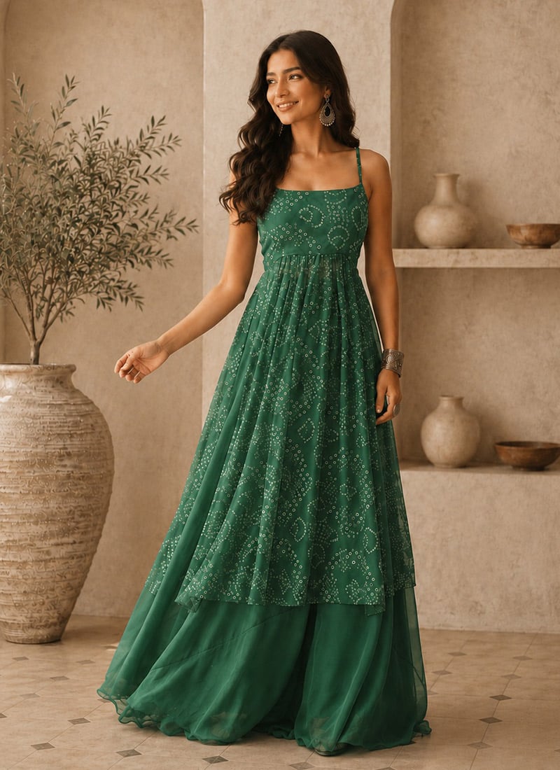 Green Georgette Bandhani Printed IndoWestern Set After Six Wear