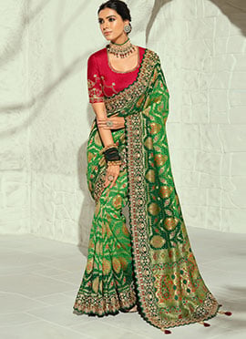 Green Georgette Bandhej Print Moti Cutdana Hand Embroidered Saree