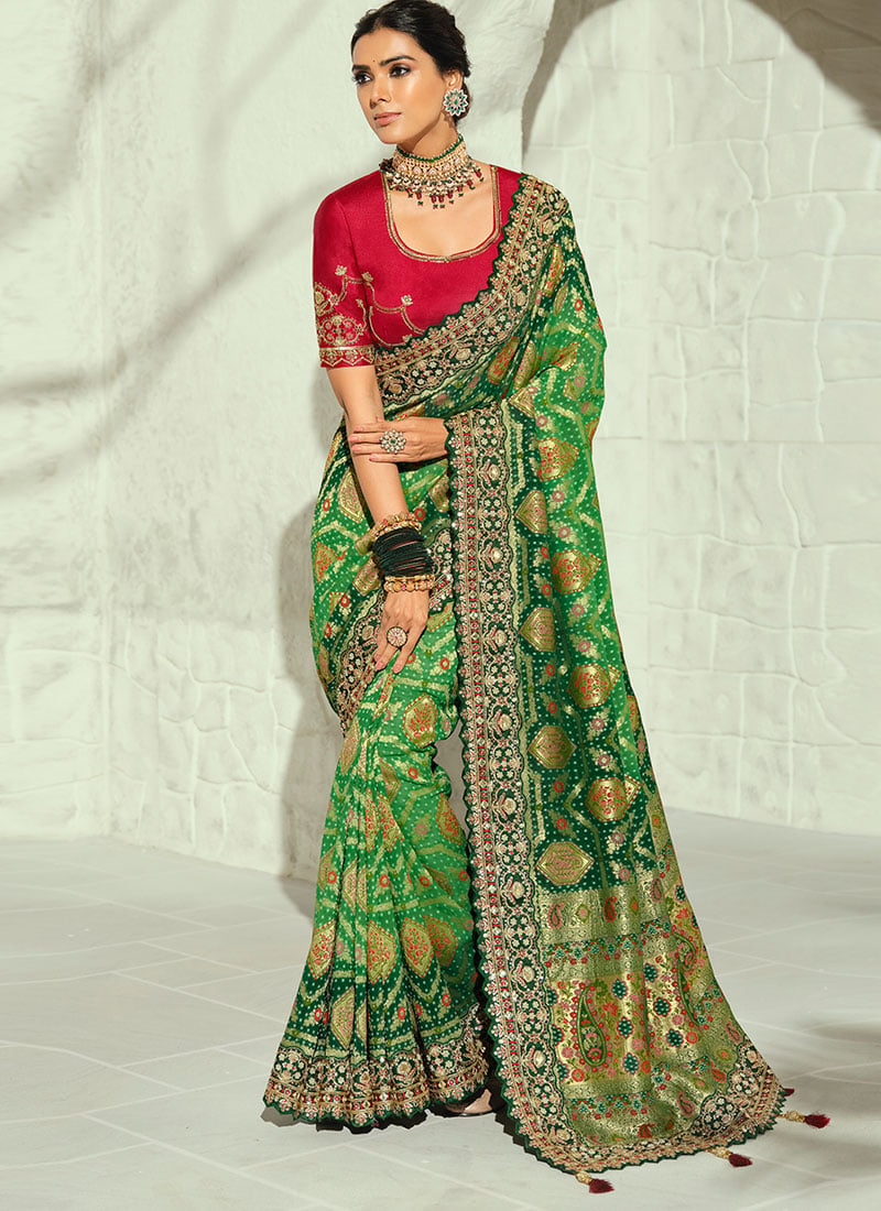 Green Georgette Bandhej Print Moti Cutdana Hand Embroidered Saree Festive Wear