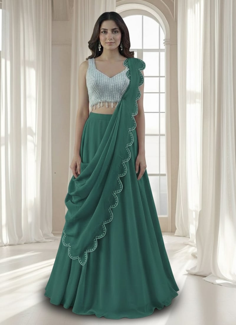 Green Georgette Beads Hand Embroidered A Line Lehenga Wedding Wear
