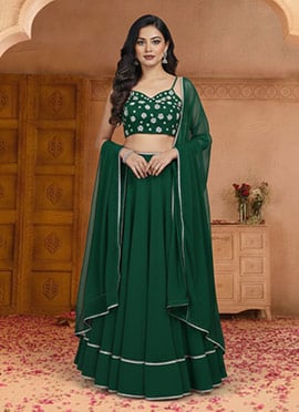 Green Georgette Beads Hand Embroidered Lehenga