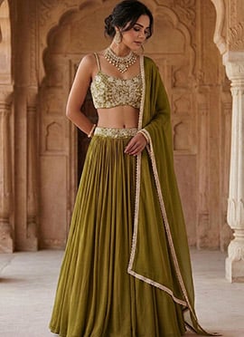 Green Georgette Beads Hand Embroidered Lehenga