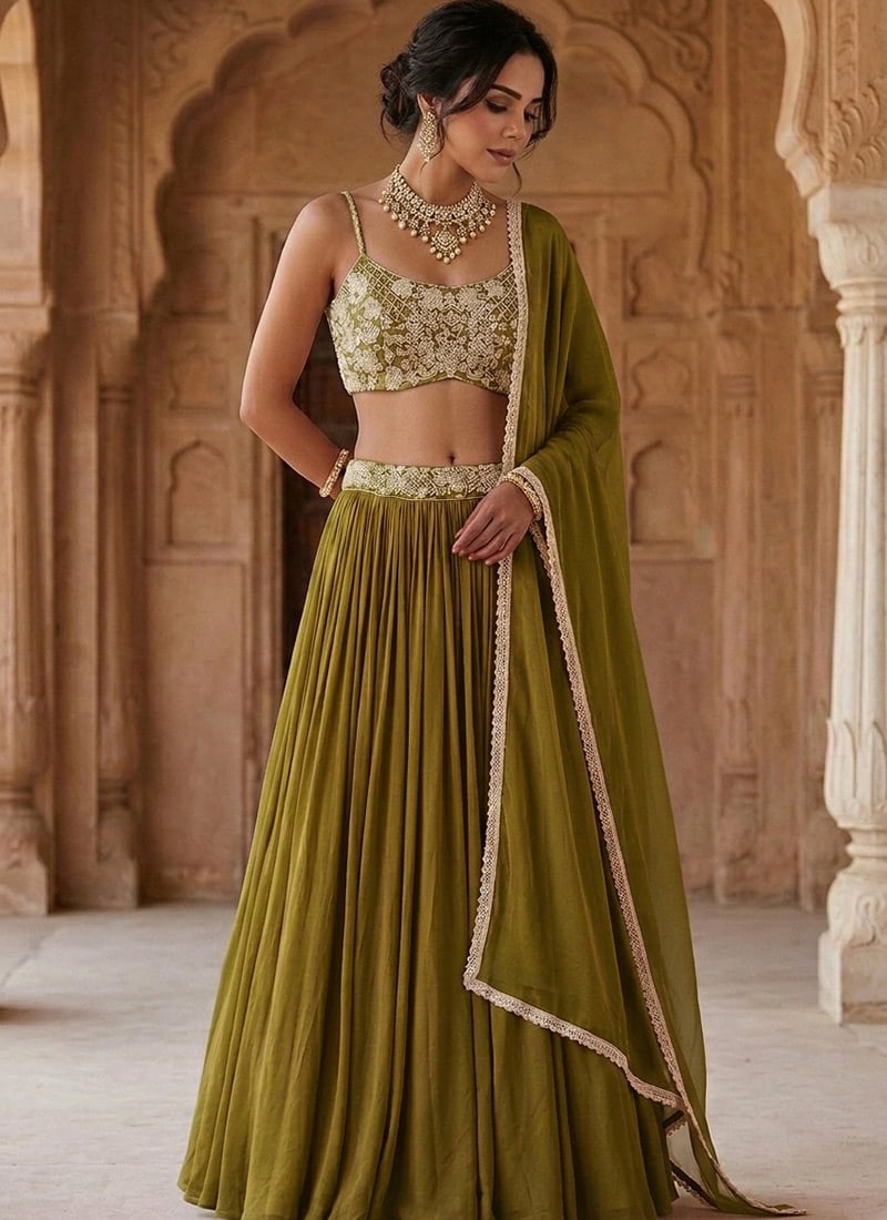 Green Georgette Beads Hand Embroidered Lehenga Wedding Wear