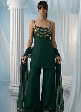 Green Georgette Beads Hand Embroidered Palazzo Suit