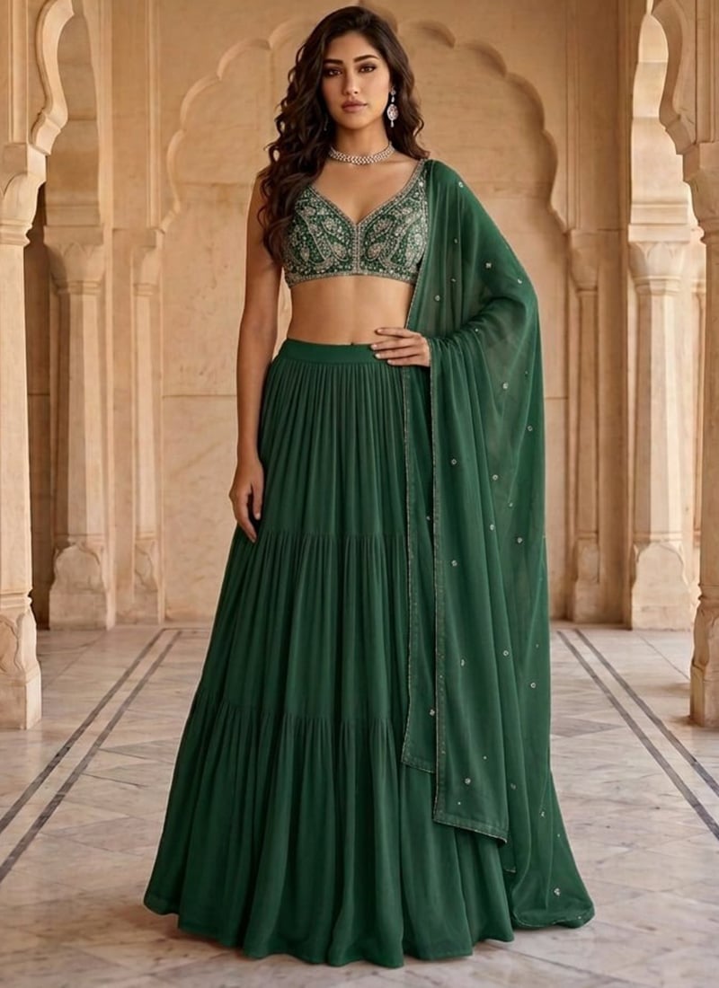 Green Georgette Beads Hand Embroidered Sequins Lehenga Wedding Wear