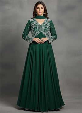 Green Georgette Beads Hand Work A Line Anarkali Suit