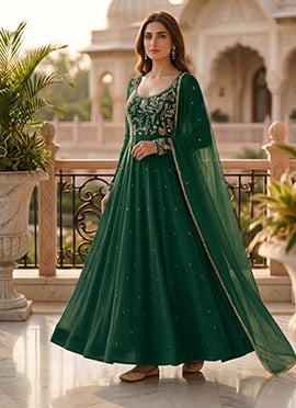 Green Georgette Beads Hand Work Sequins Embroidered Stunning Anarkali Suit
