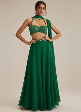 Green Georgette Beads Mirror Work Indowestern Sets And Suits