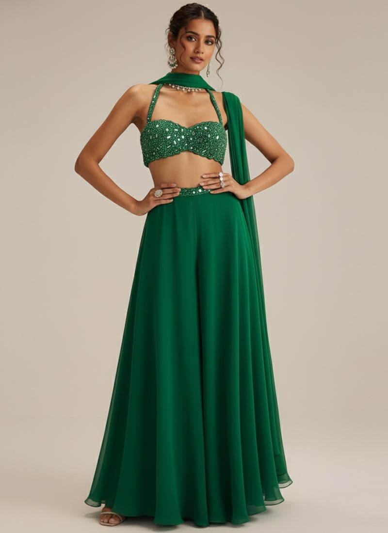 Green Georgette Beads Mirror Work Indowestern Sets And Suits Wedding Wear