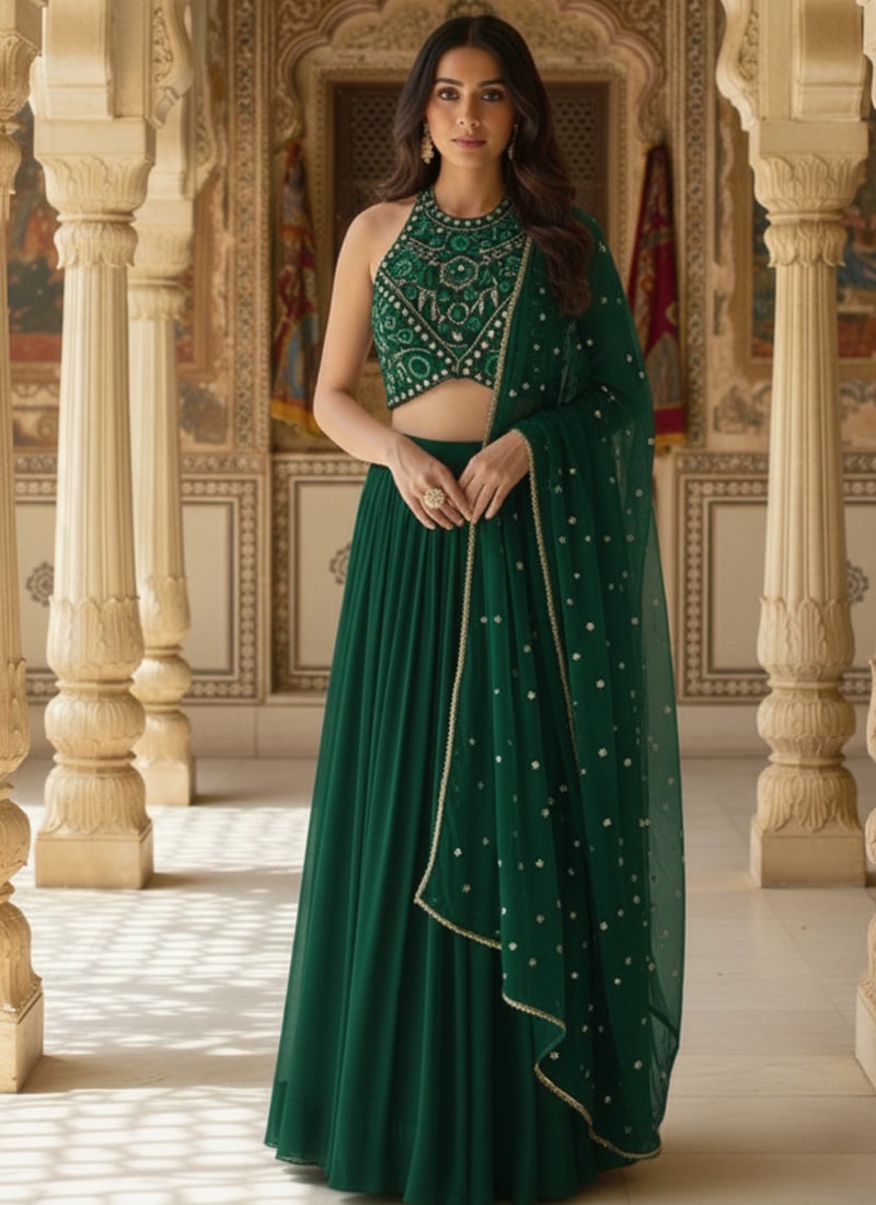 Green Georgette Beads Sequins Hand Embroidered Lehenga  Wedding Wear