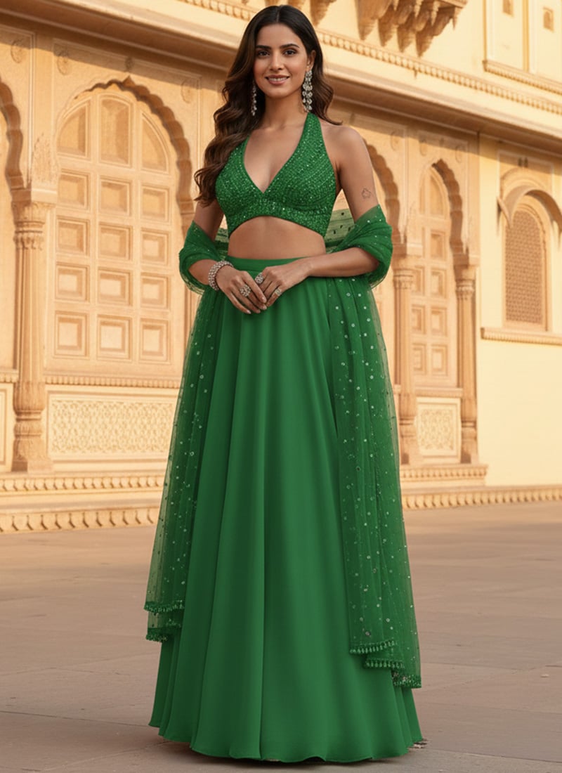 Green Georgette Beads Stone Hand Embroidered Lehenga  Wedding Wear
