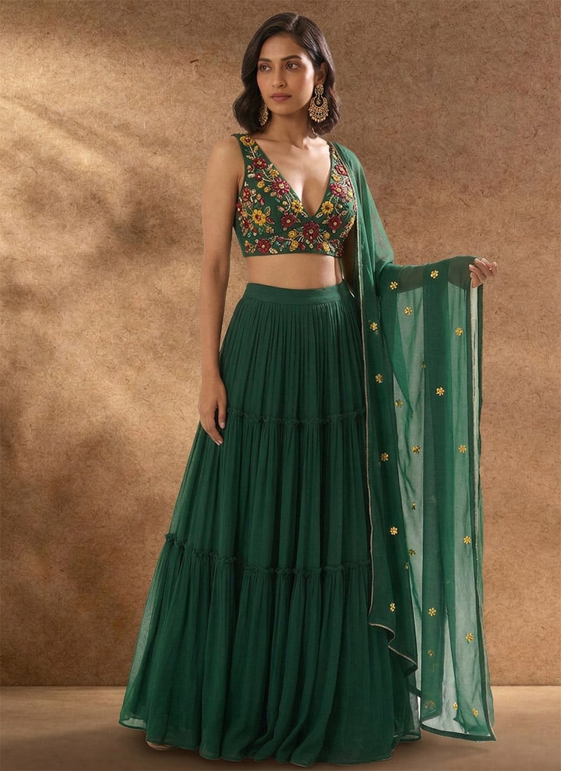 Green Georgette Beads Stone Sequins Hand Embroidered Lehenga Wedding Wear