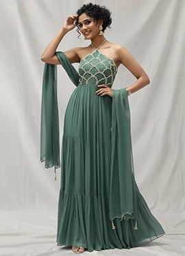 Green Georgette Beads Work Anarkali Suit