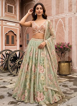 Green Georgette Cutdana Resham And Beads Hand Embroidered Digital Print Lehenga