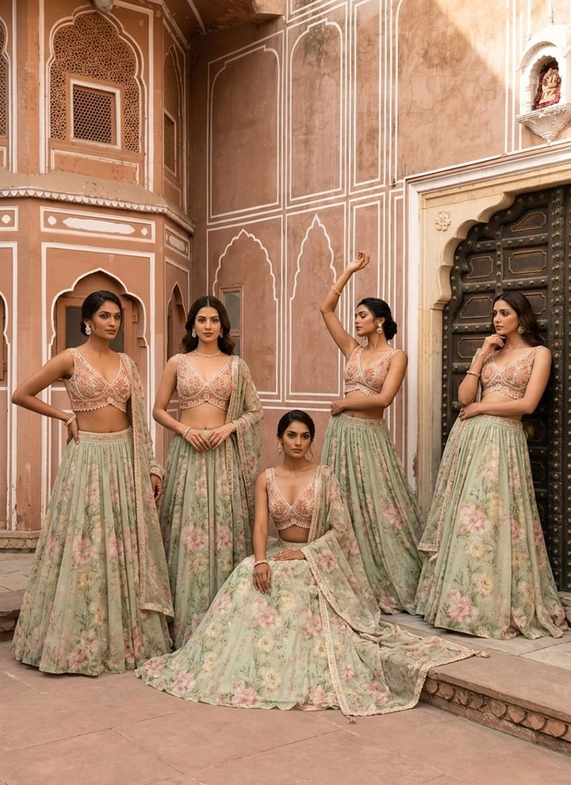Green Georgette Cutdana Resham And Beads Hand Embroidered Digital Print Lehenga Wedding Wear