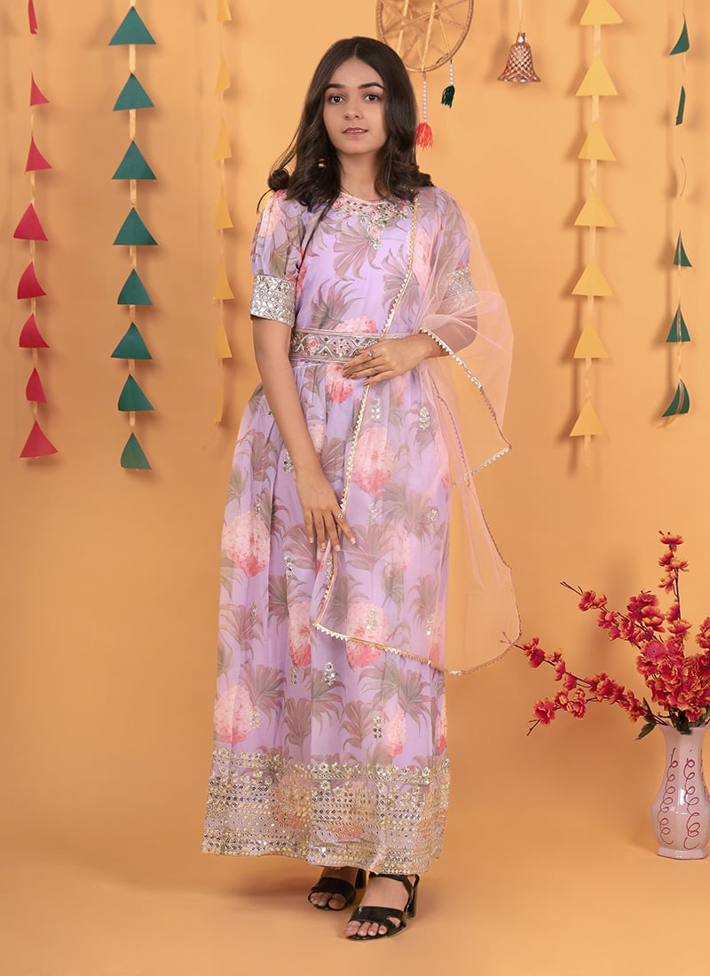 Kids Girls Lavender Georgette Digital Print Embroidered Sequins Kids Girls Anarkali Suit Festive Wear