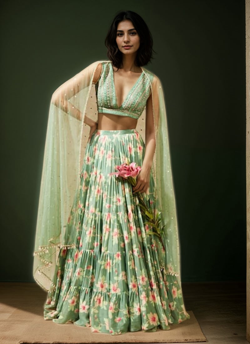 Green Georgette Digital Print Hand Embroidered Beads Sequins Lehenga Wedding Wear