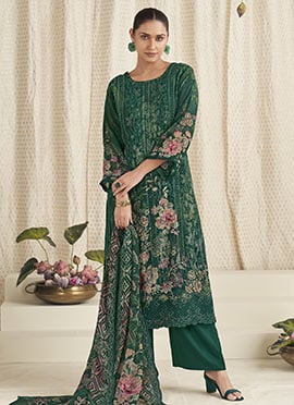 Green Georgette Digital Print Straight Pant Suit