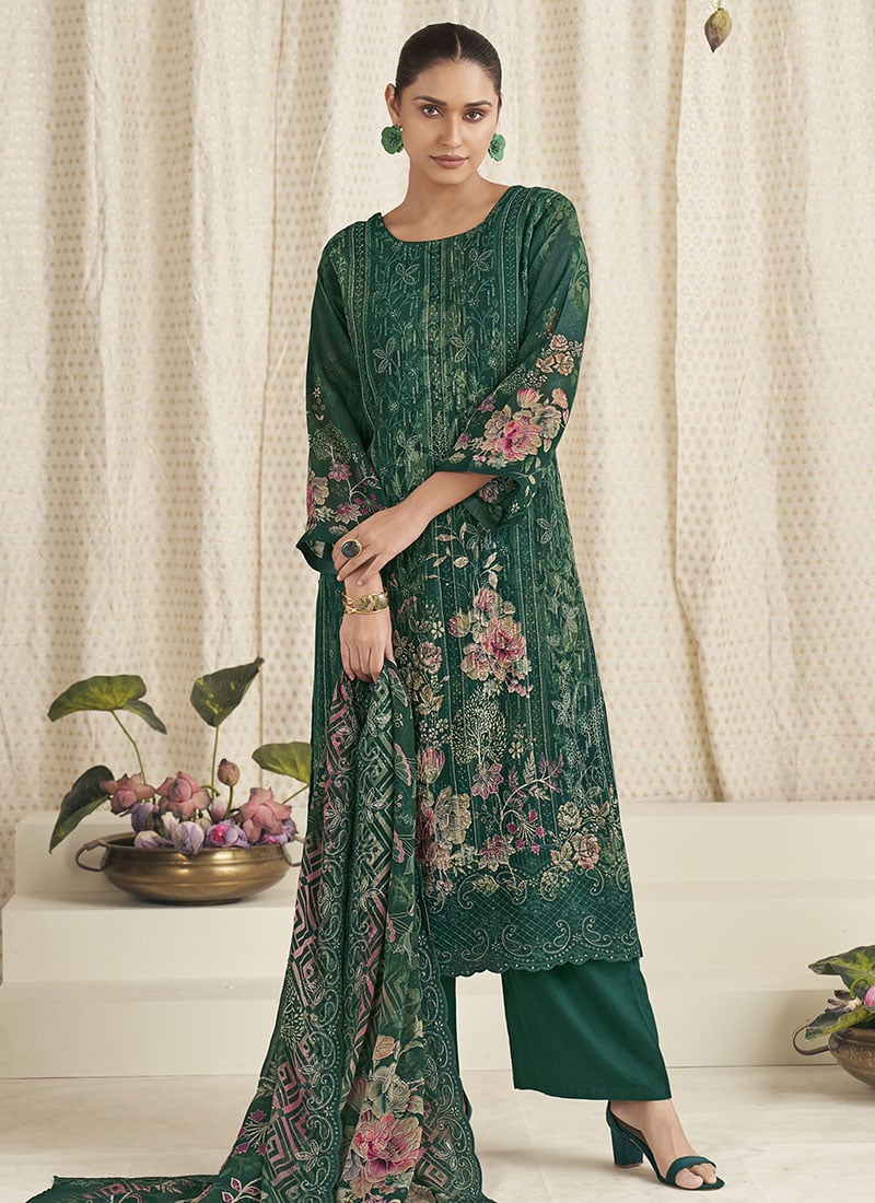 Green Georgette Digital Print Straight Pant Suit