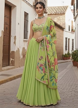 Green Georgette Digital Printed Hand Embroidered Sequins With Stone Work Lehenga