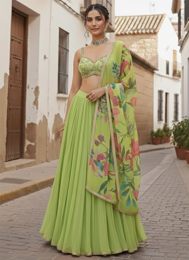 Green Georgette Digital Printed Hand Embroidered Sequins With Stone Work Lehenga Wedding Wear