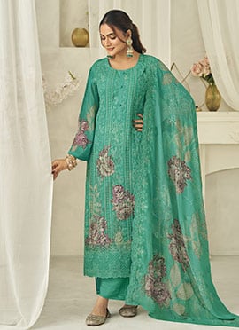 Green Georgette Digital Printed With Lucknowi Embroidered Straight Pant Suit