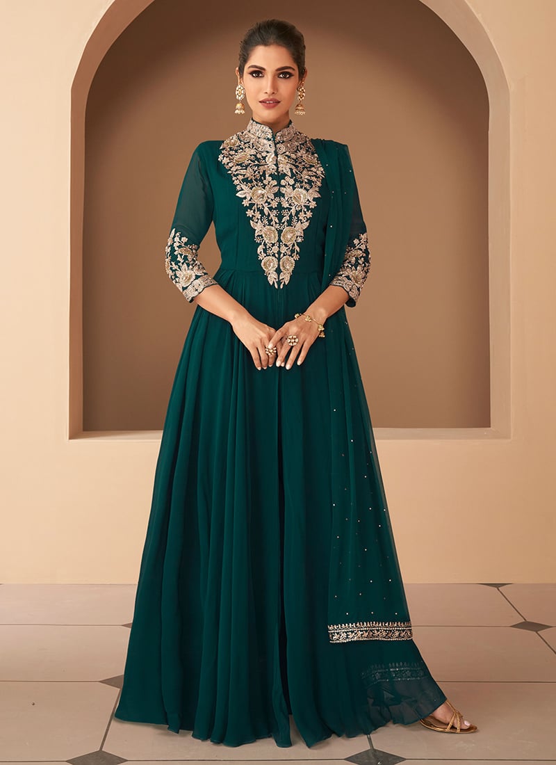 Green Georgette Embroidered Anarkali Suit Party Wear