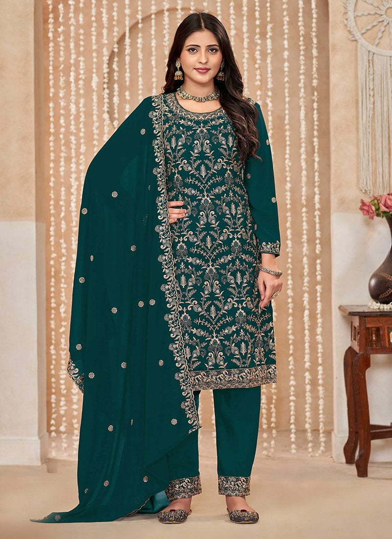 Green Georgette Embroidered Elegant Straight Pant Suit Festive Wear