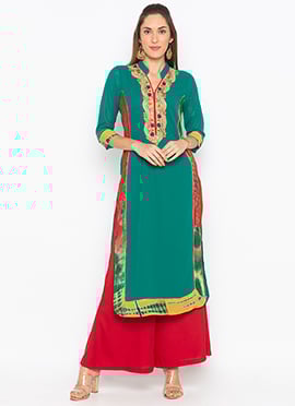 Green Georgette Embroidered Kurta Palazzo Set
