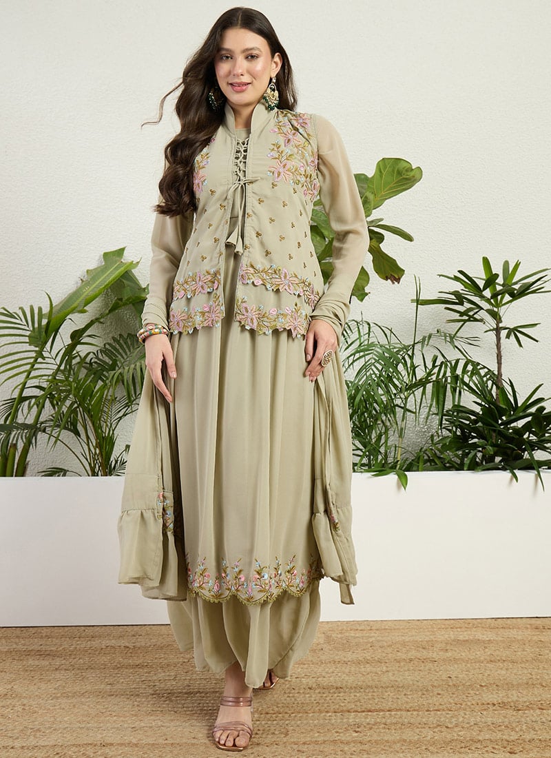 Green Georgette Embroidered Pakistani Straight Pant Suit Festive Wear