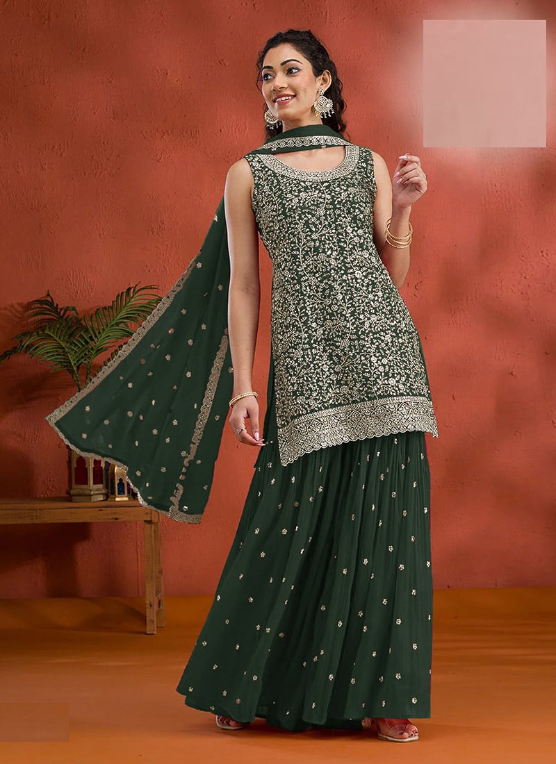 Green Georgette Embroidered Sequin Palazzo Set Festive Wear