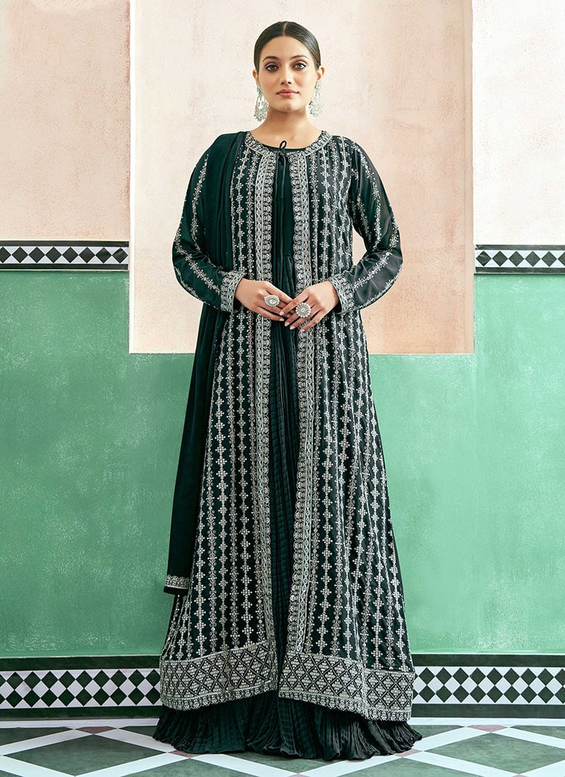 Green Georgette Embroidered Sequins Anarkali Suit With Jacket Festive Wear