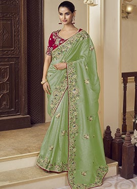 Green Georgette Embroidered Sequins And Stones Saree