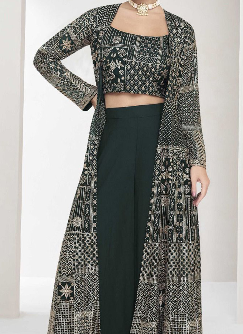 Indo-western Floral Print Pleated Lehenga Set with Sequin Embroidered Scalloped Jacket