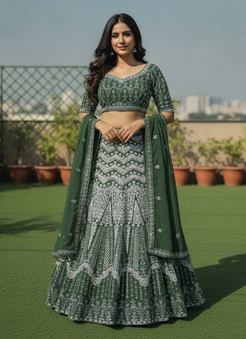 Green Georgette Embroidered Sequins Lehenga Wedding Wear