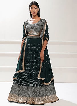 Green Georgette Embroidered Sequins Lehenga