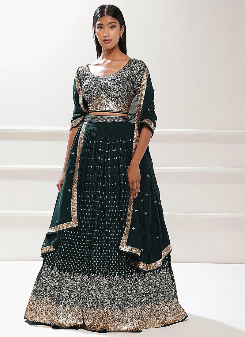 Green Georgette Embroidered Sequins Lehenga Wedding Wear