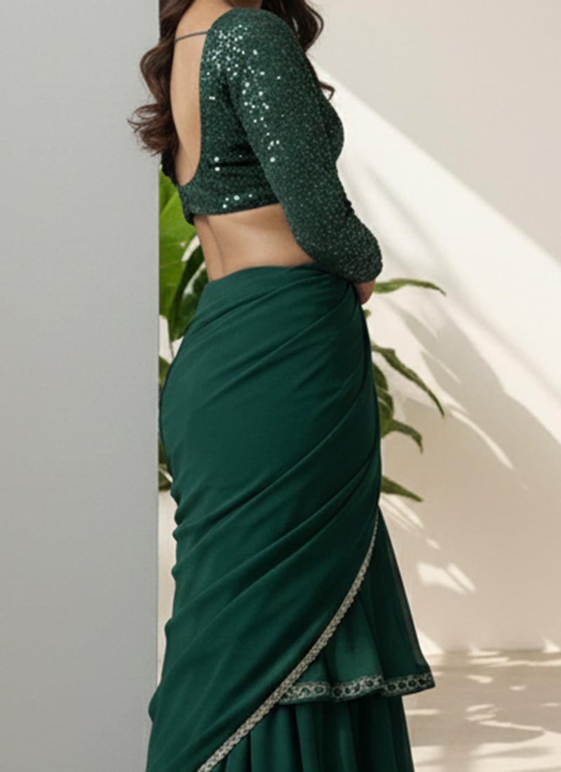 Bottle Green Designer Georgette Saree with Embroidered Stitched Blouse – Elegant Wedding Reception Party Wear main image 1