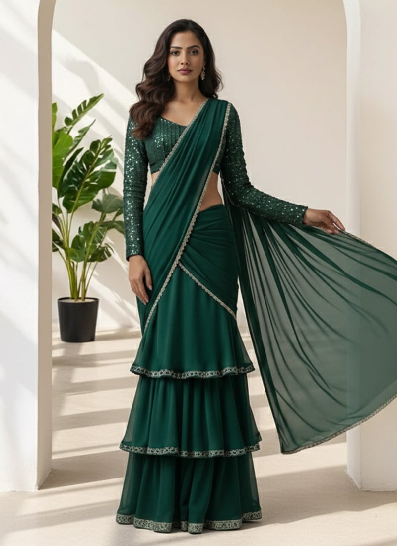 Green Georgette Embroidered Sequins Lehenga Saree Wedding Wear