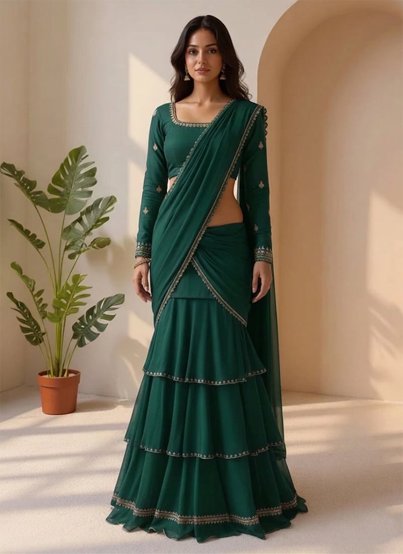Green Georgette Embroidered Sequins Lehenga Saree Festive Wear