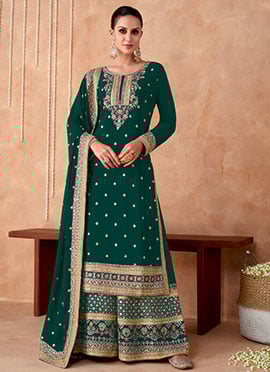 Green Georgette Embroidered Sequins Palazzo Suit